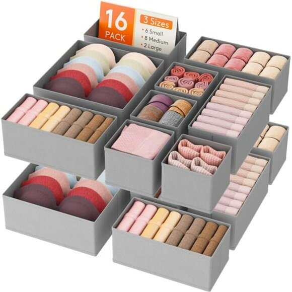 Set of 16 Closet Drawer Organizers Fabric Bins for Bras Socks Underwear - Picture 1 of 7